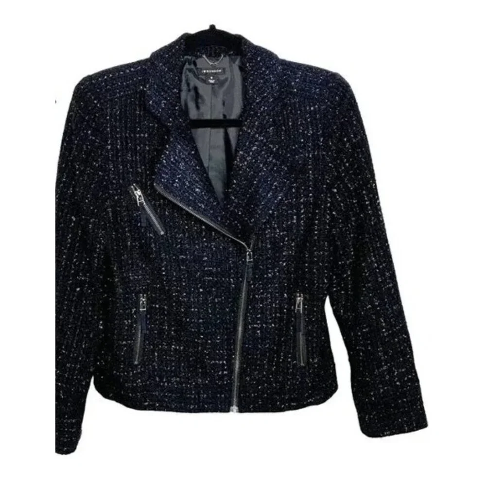 I Love Ronson Large Black Tweed Asymmetrical Zipper Jacket